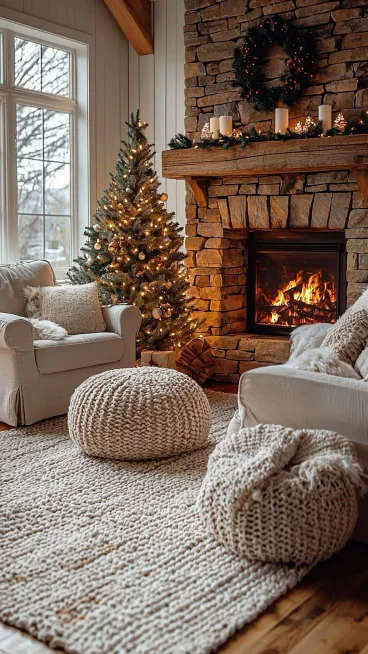 Cozy Christmas Living Room Decor Ideas _ Warm Fireplace, Flocked Tree and Holiday Aesthetic